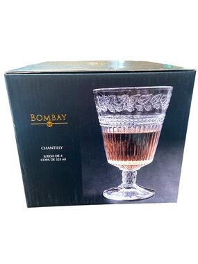 Bombay Chantilly Wine Goblets Set of Four 11 oz Clear Glass Embossed Leaves NIB